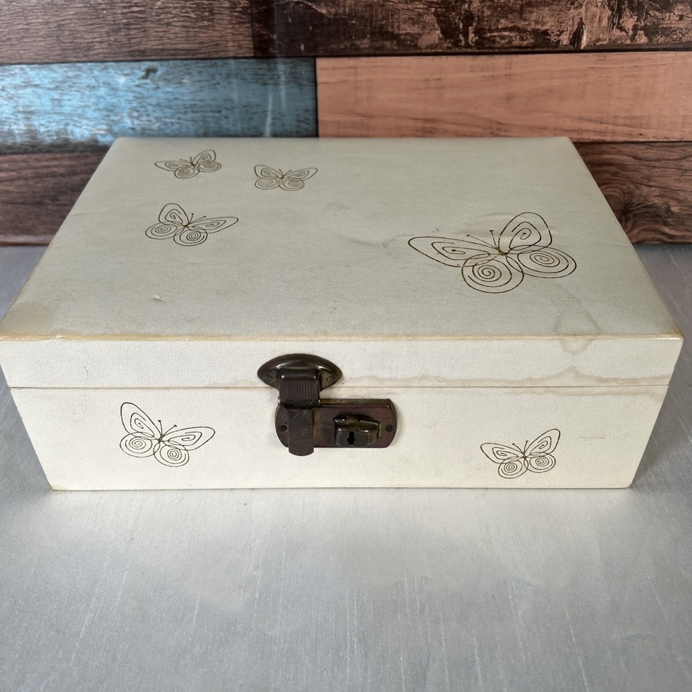 Vintage MELE Two Tier Jewelry Box MCM Red Velvet Lined, Ivory Gold Butterflies